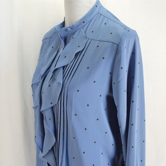 Ann Taylor Blouse Womens Size M Blue Long Sleeve Ruffle Pintucks Button Front - Picture 4 of 7